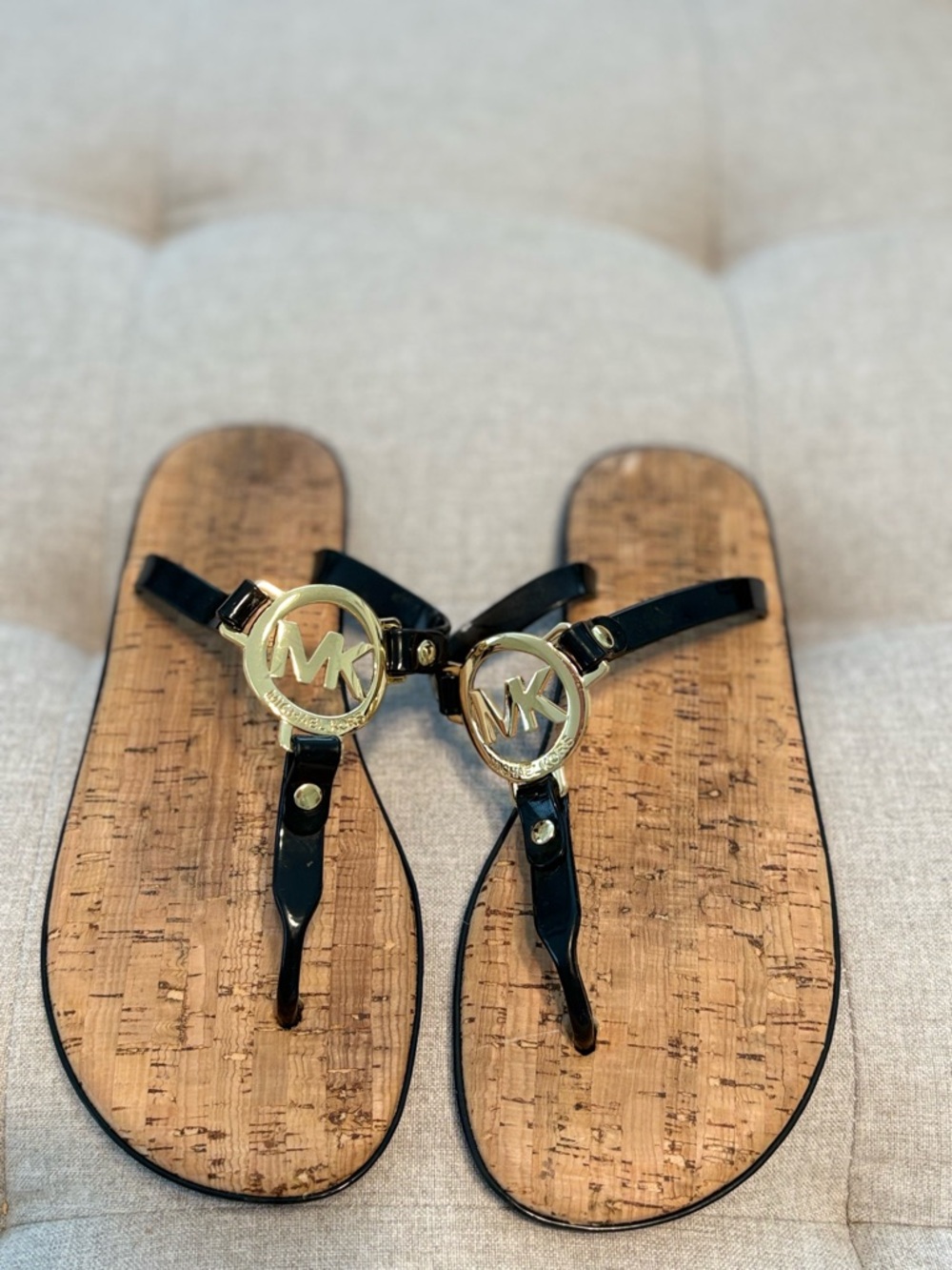 Michael Kors Black and Gold MK Logo Cork-Effect Thong Sandals